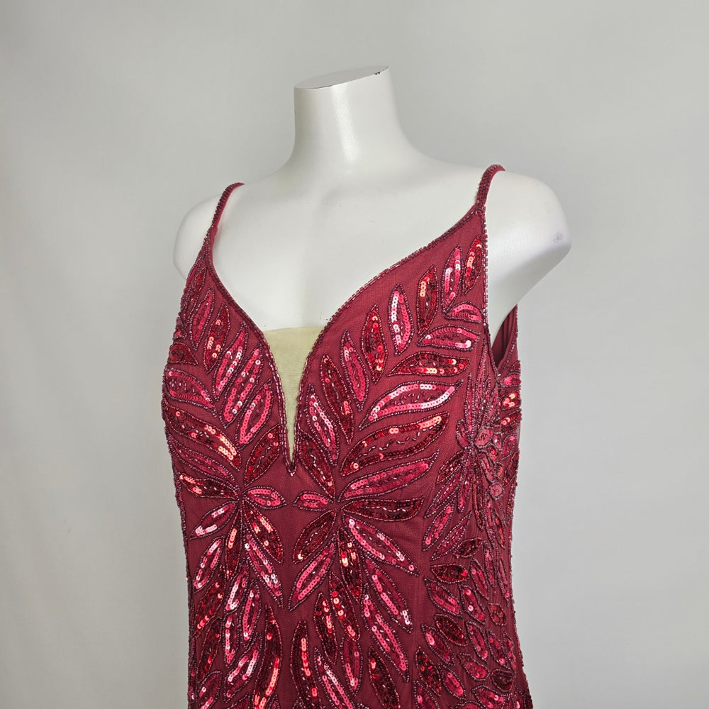 Mac Duggal Burgundy Plunging V Neck Embellished Leaf Gown Size 14