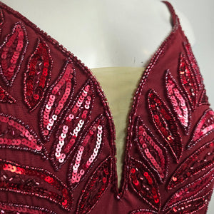 Mac Duggal Burgundy Plunging V Neck Embellished Leaf Gown Size 14