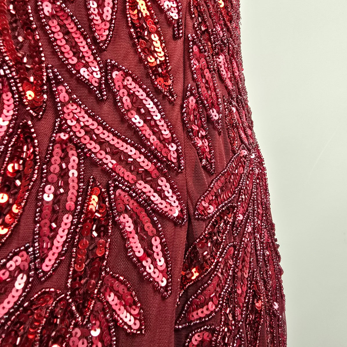 Mac Duggal Burgundy Plunging V Neck Embellished Leaf Gown Size 14