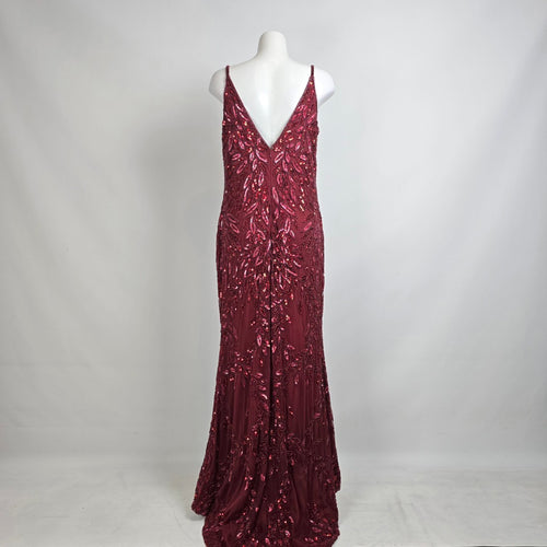 Mac Duggal Burgundy Plunging V Neck Embellished Leaf Gown Size 14
