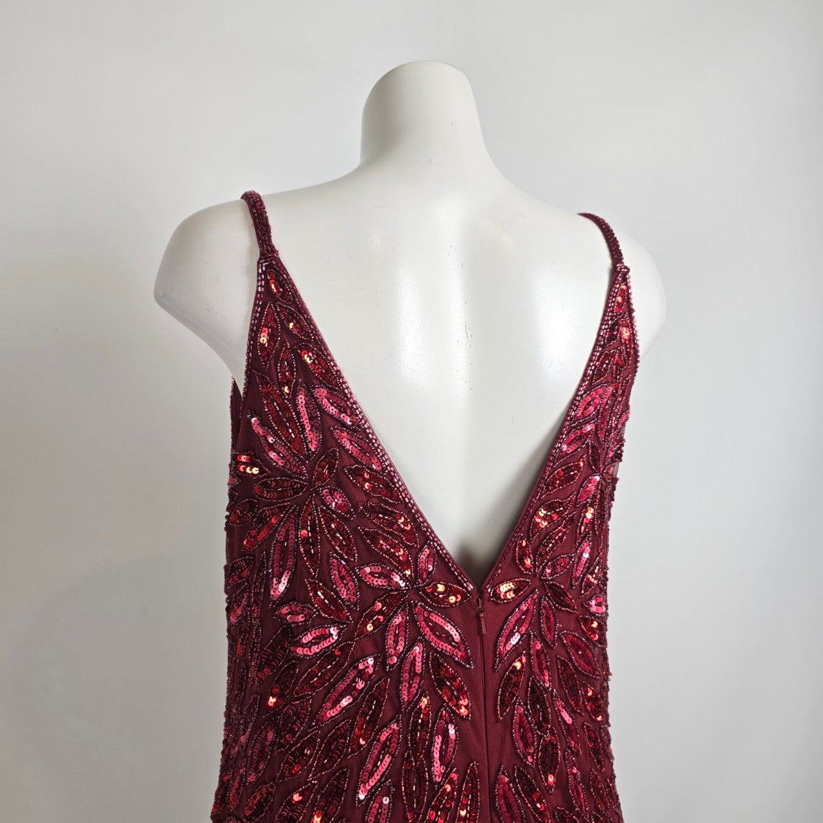 Mac Duggal Burgundy Plunging V Neck Embellished Leaf Gown Size 14