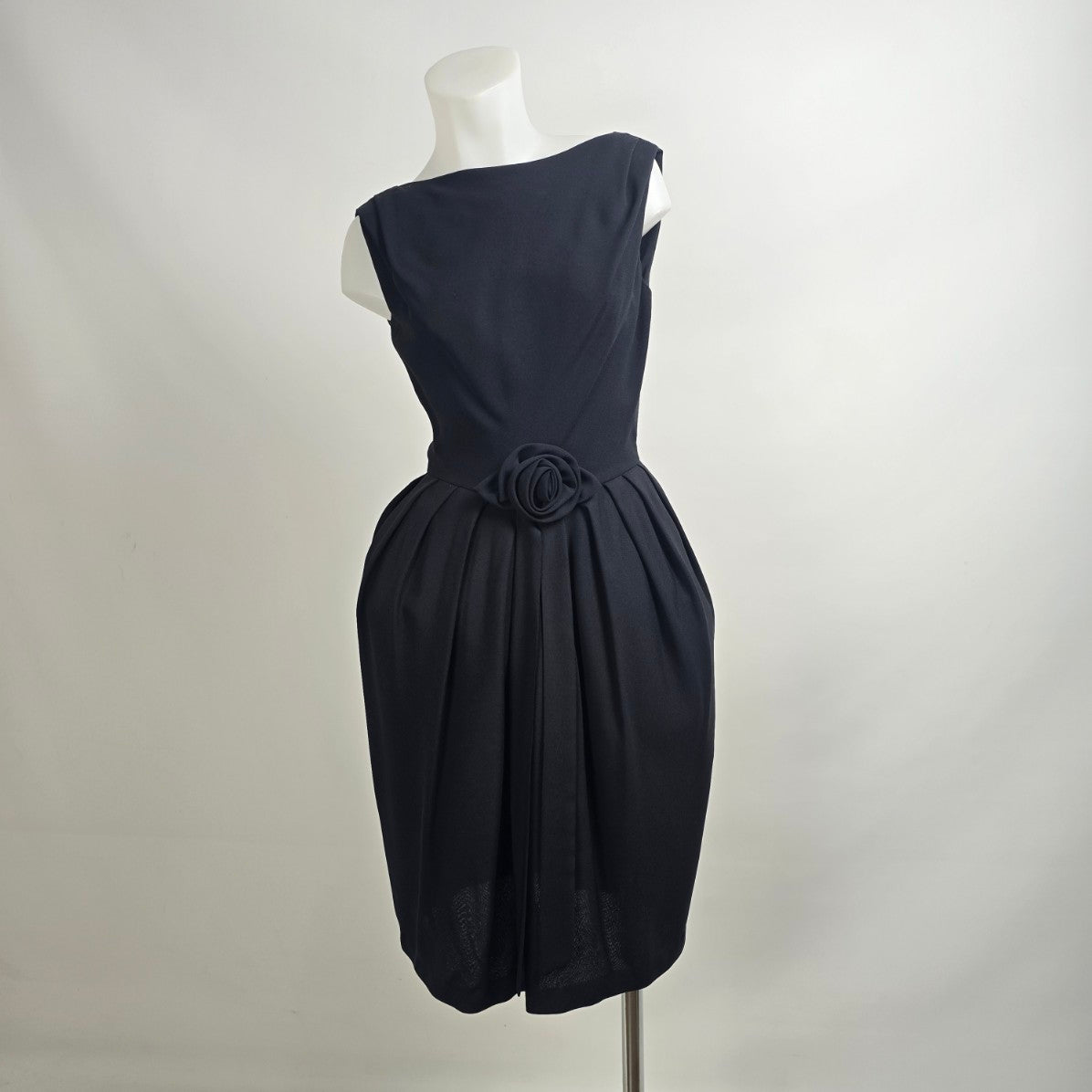 Vintage 1950s Black Boat Neck Rose Detail Cocktail Dress Size S
