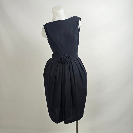 Vintage 1950s Black Boat Neck Rose Detail Cocktail Dress Size S