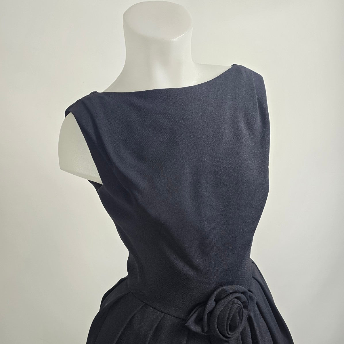 Vintage 1950s Black Boat Neck Rose Detail Cocktail Dress Size S