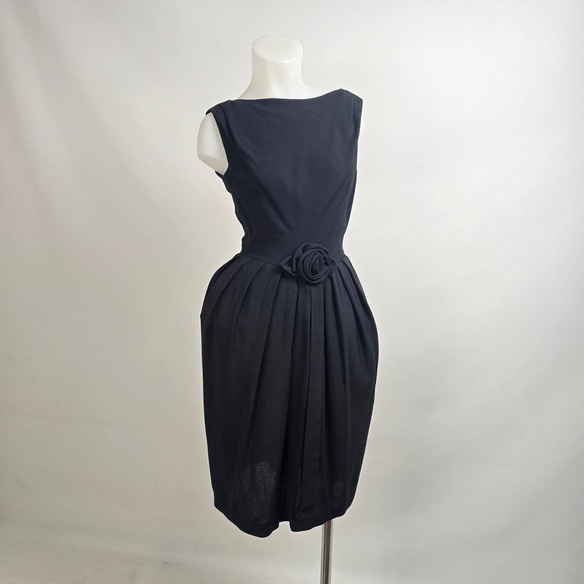 Vintage 1950s Black Boat Neck Rose Detail Cocktail Dress Size S