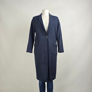 Pomandere Navy Blue Linen Long Button Up Blazer Size 8