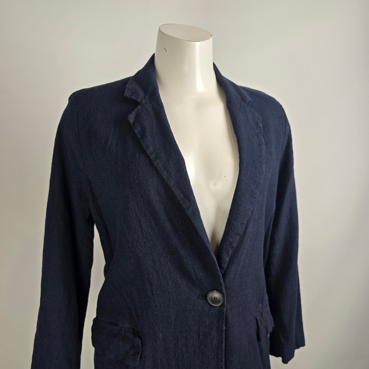 Pomandere Navy Blue Linen Long Button Up Blazer Size 8