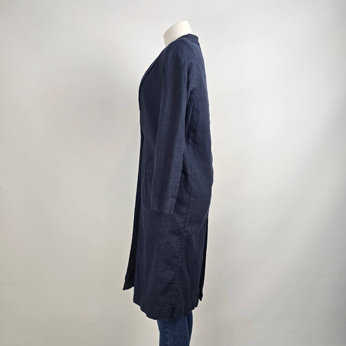 Pomandere Navy Blue Linen Long Button Up Blazer Size 8
