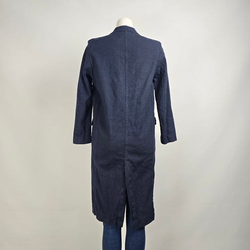 Pomandere Navy Blue Linen Long Button Up Blazer Size 8