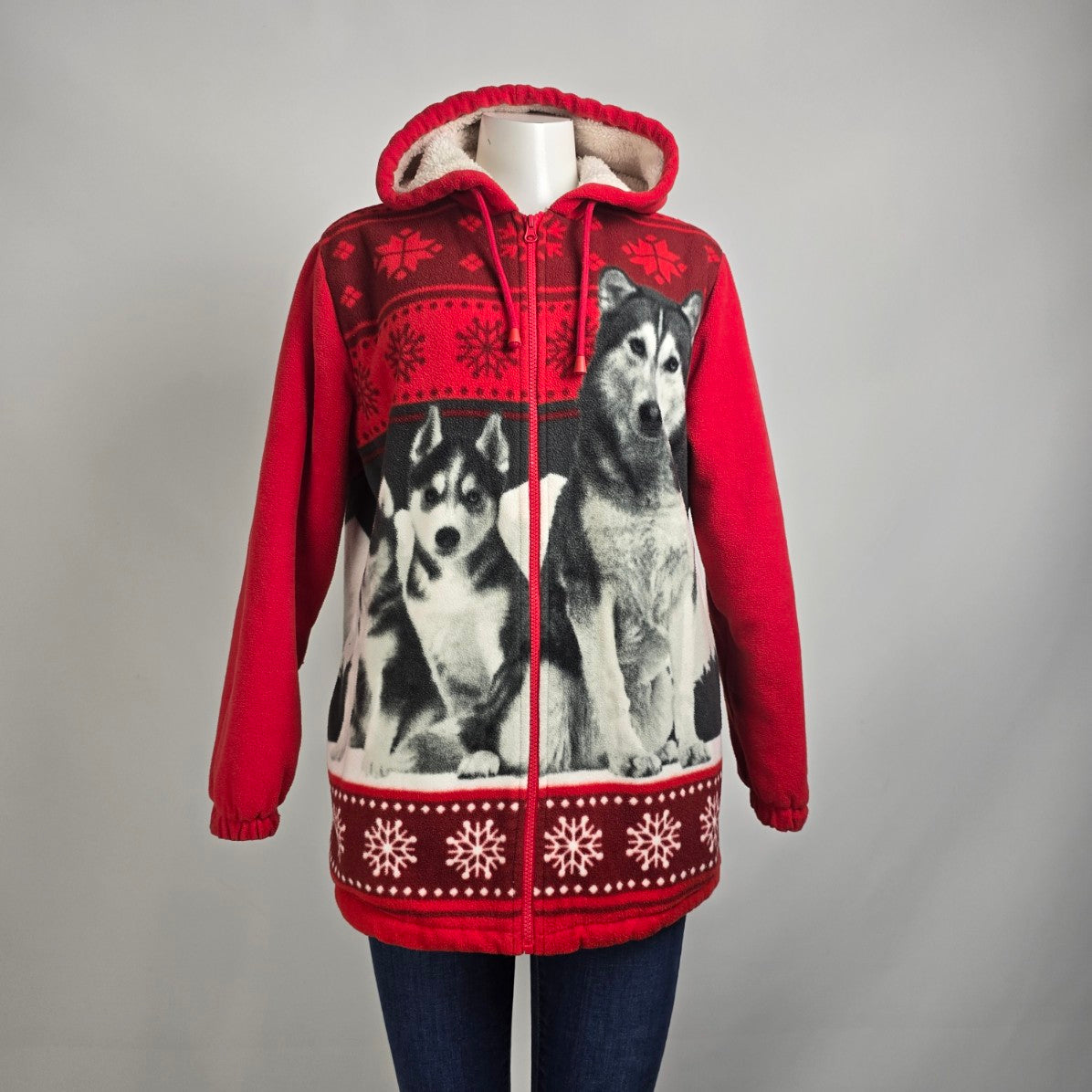 Classic Editions Wolf Family Graphic Red Zip Up Jacket Size M