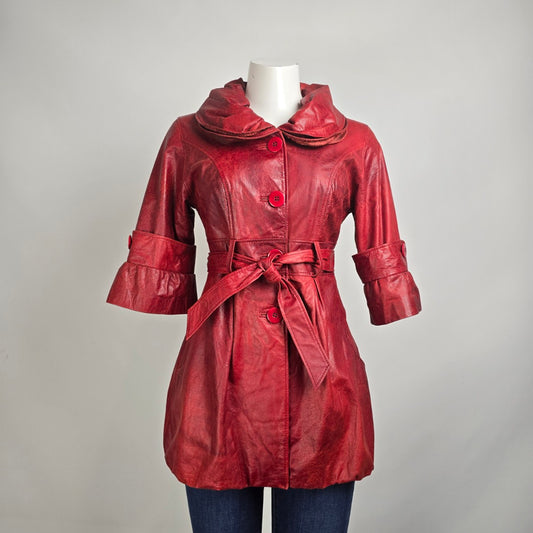 Vintage Antilope Red Leather Belted Flare Sleeve Jacket Size S