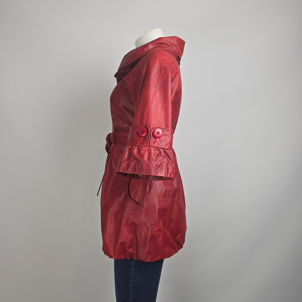 Vintage Antilope Red Leather Belted Flare Sleeve Jacket Size S