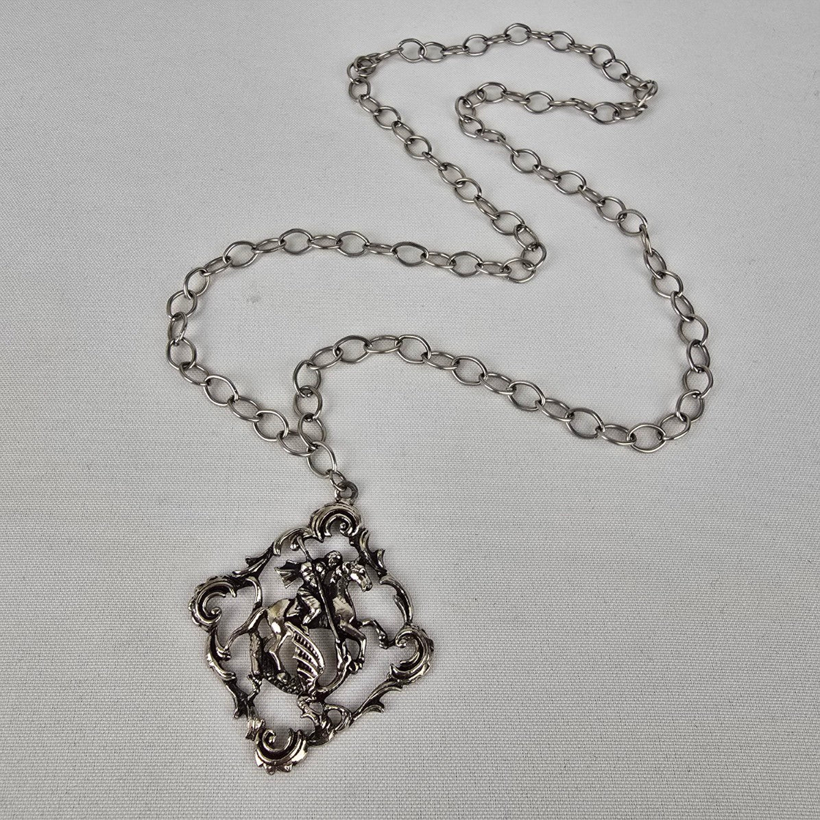 Vintage St. George & The Dragon Silver Pendant Necklace
