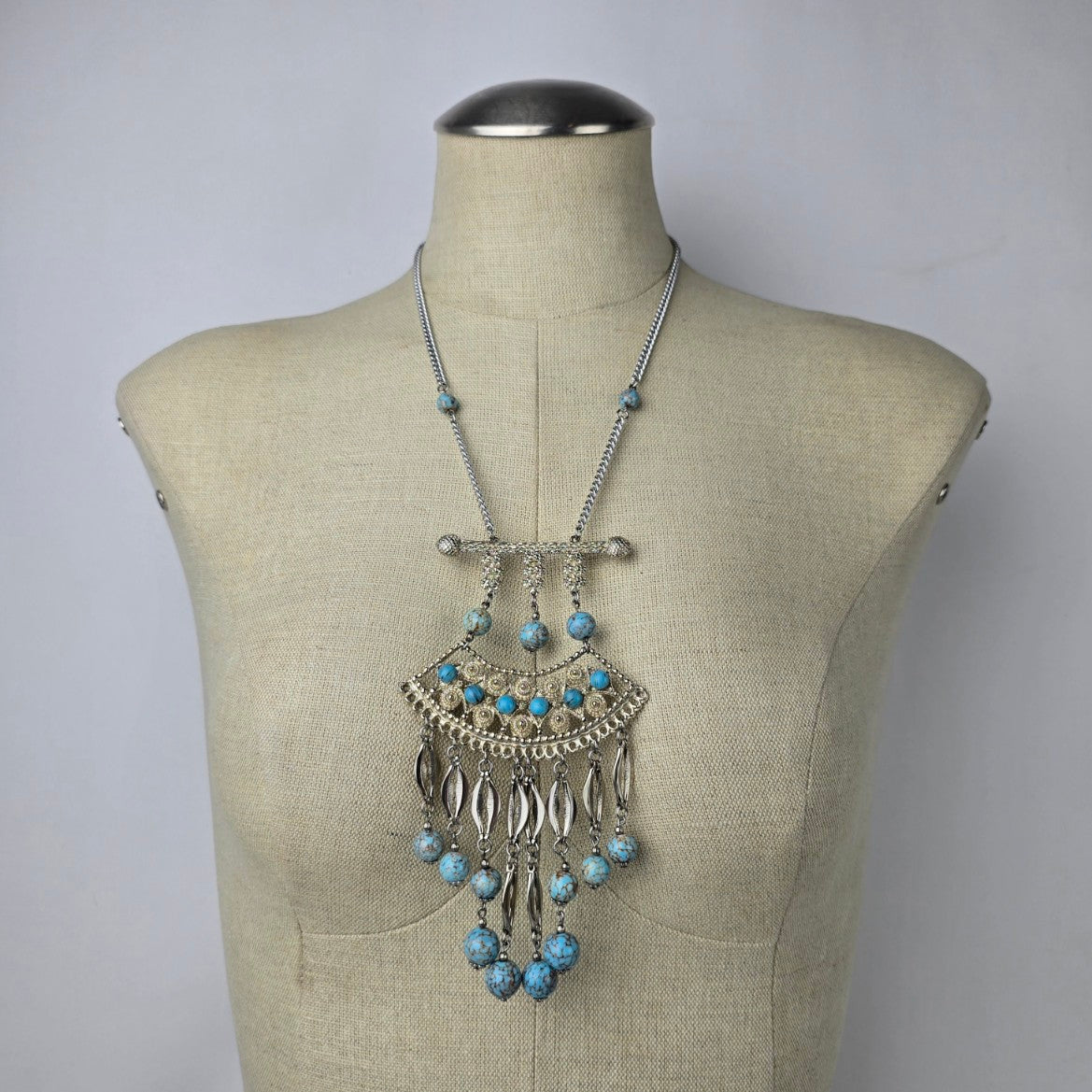Vintage Silver & Blue Stone Statement Chandelier Necklace