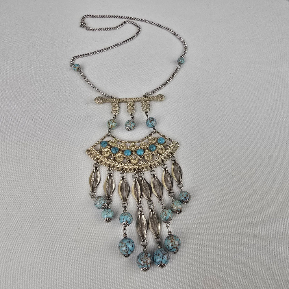 Vintage Silver & Blue Stone Statement Chandelier Necklace
