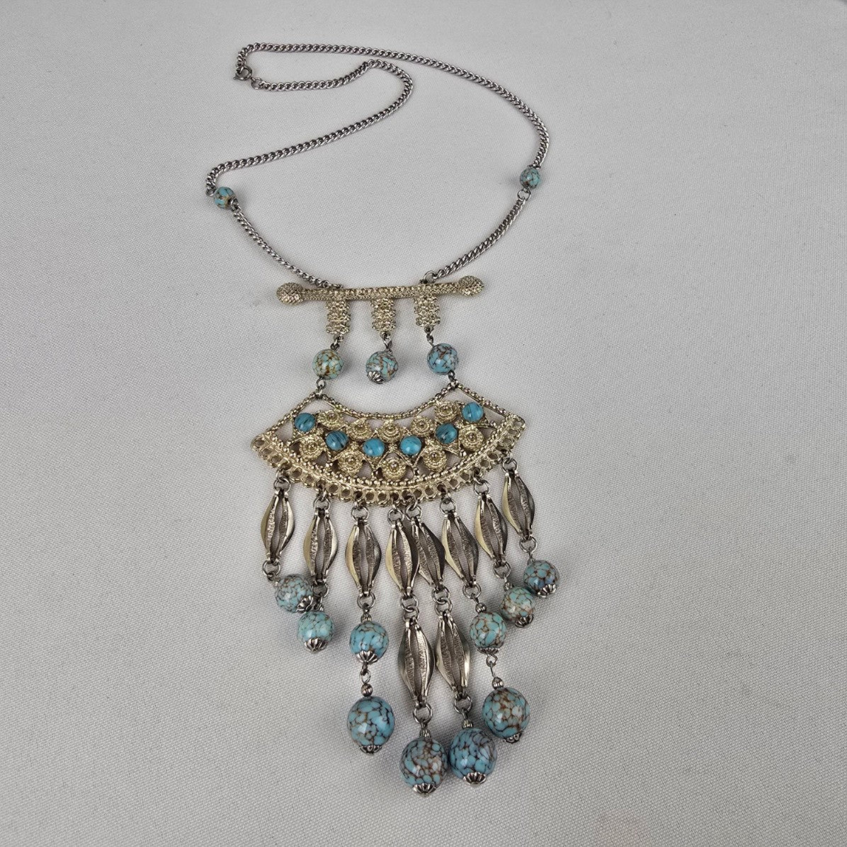 Vintage Silver & Blue Stone Statement Chandelier Necklace