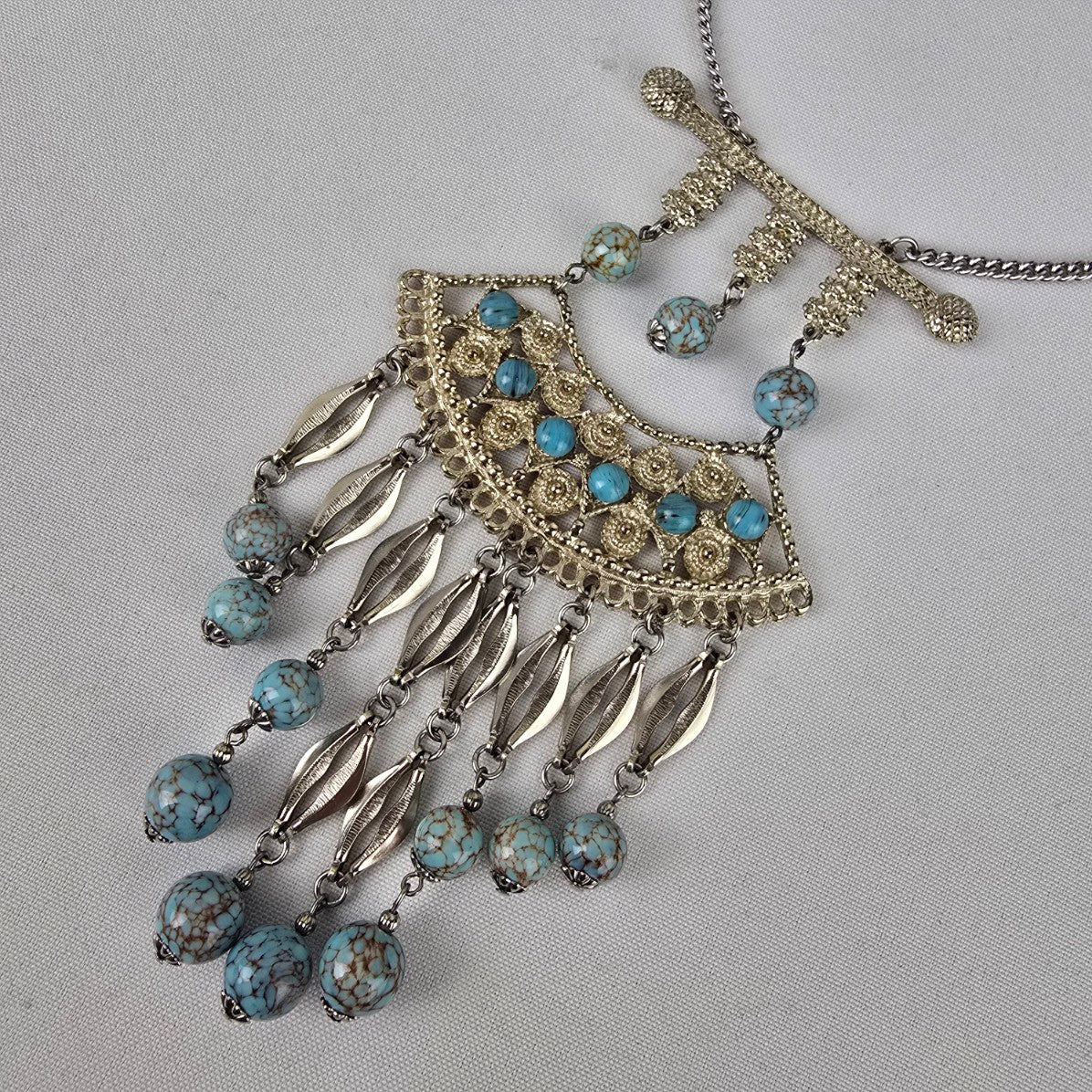 Vintage Silver & Blue Stone Statement Chandelier Necklace