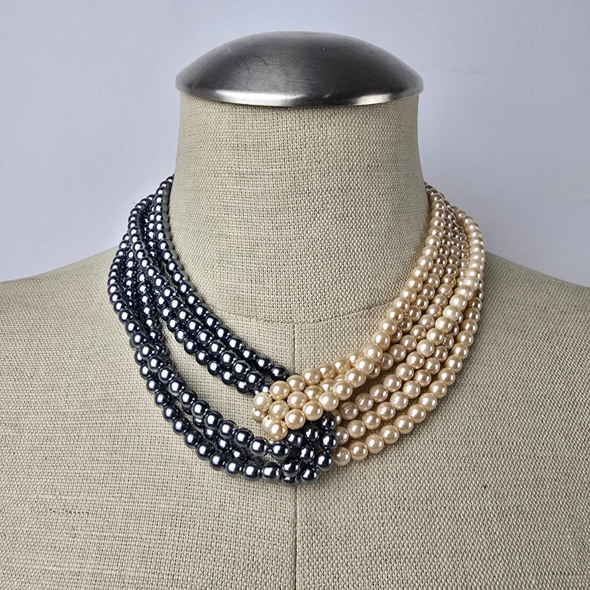 Grey & Cream Layered Glass Beaded Faux Pearl Necklace