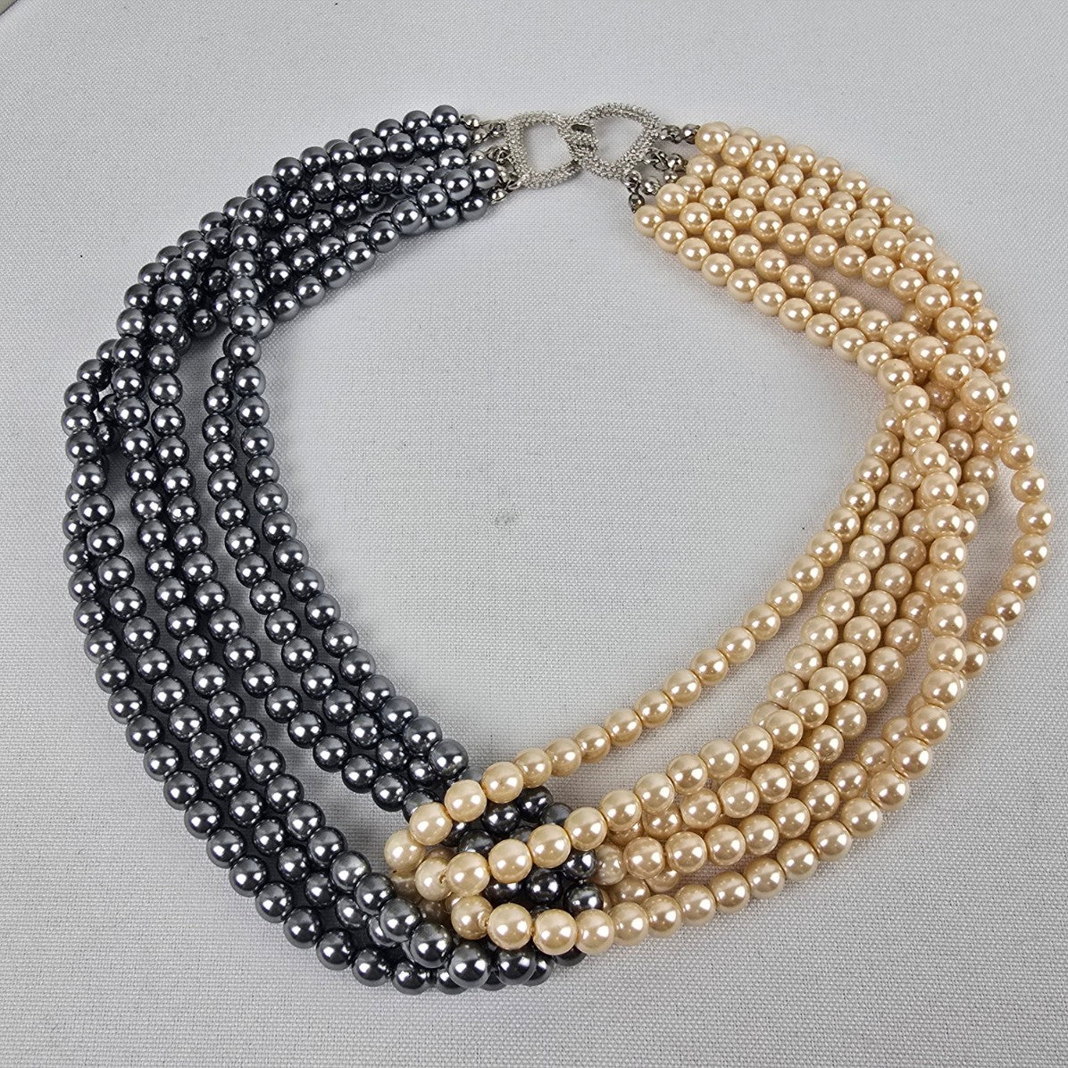 Grey & Cream Layered Glass Beaded Faux Pearl Necklace