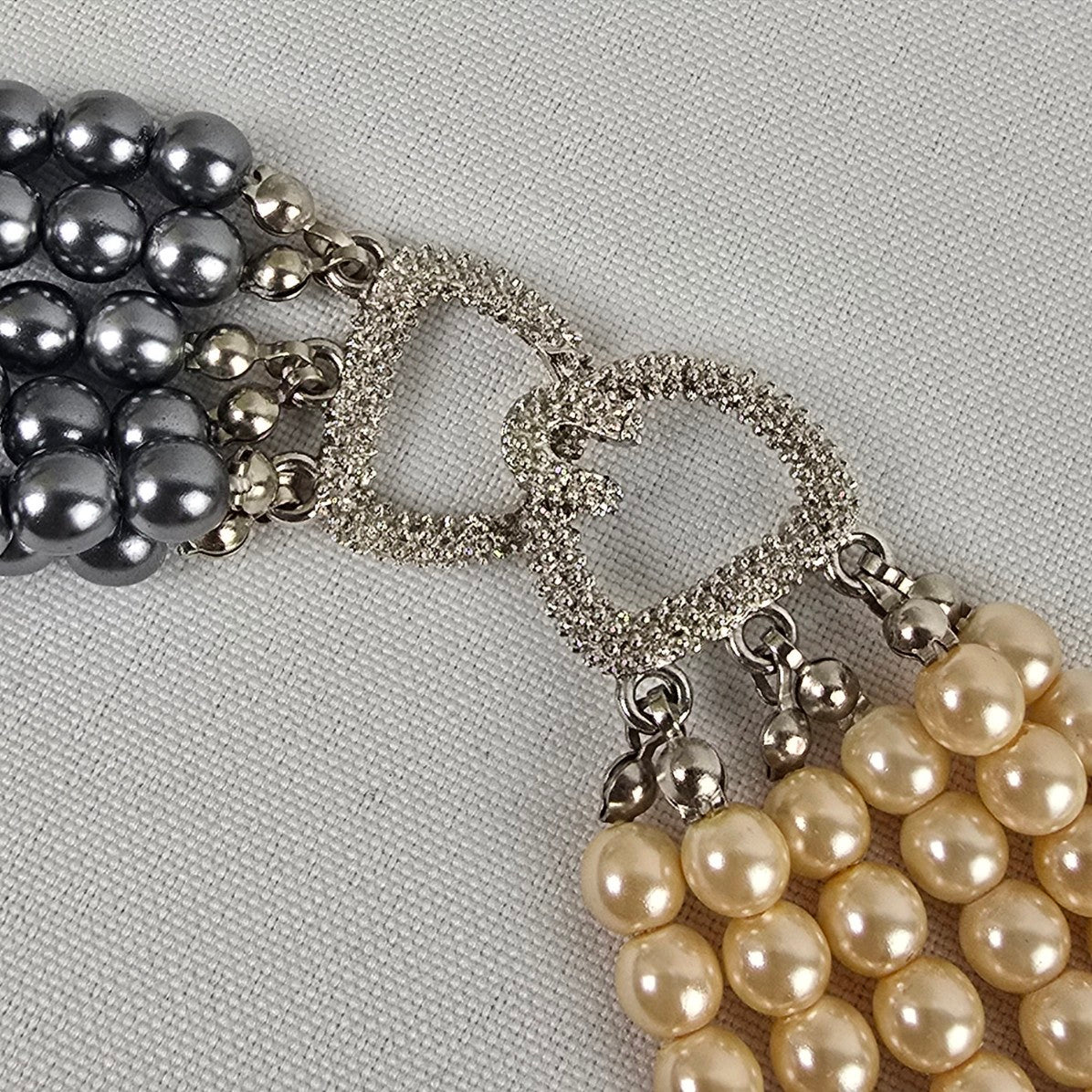 Grey & Cream Layered Glass Beaded Faux Pearl Necklace