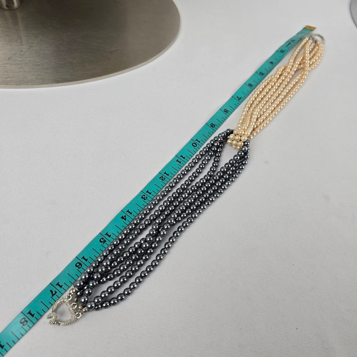 Grey & Cream Layered Glass Beaded Faux Pearl Necklace