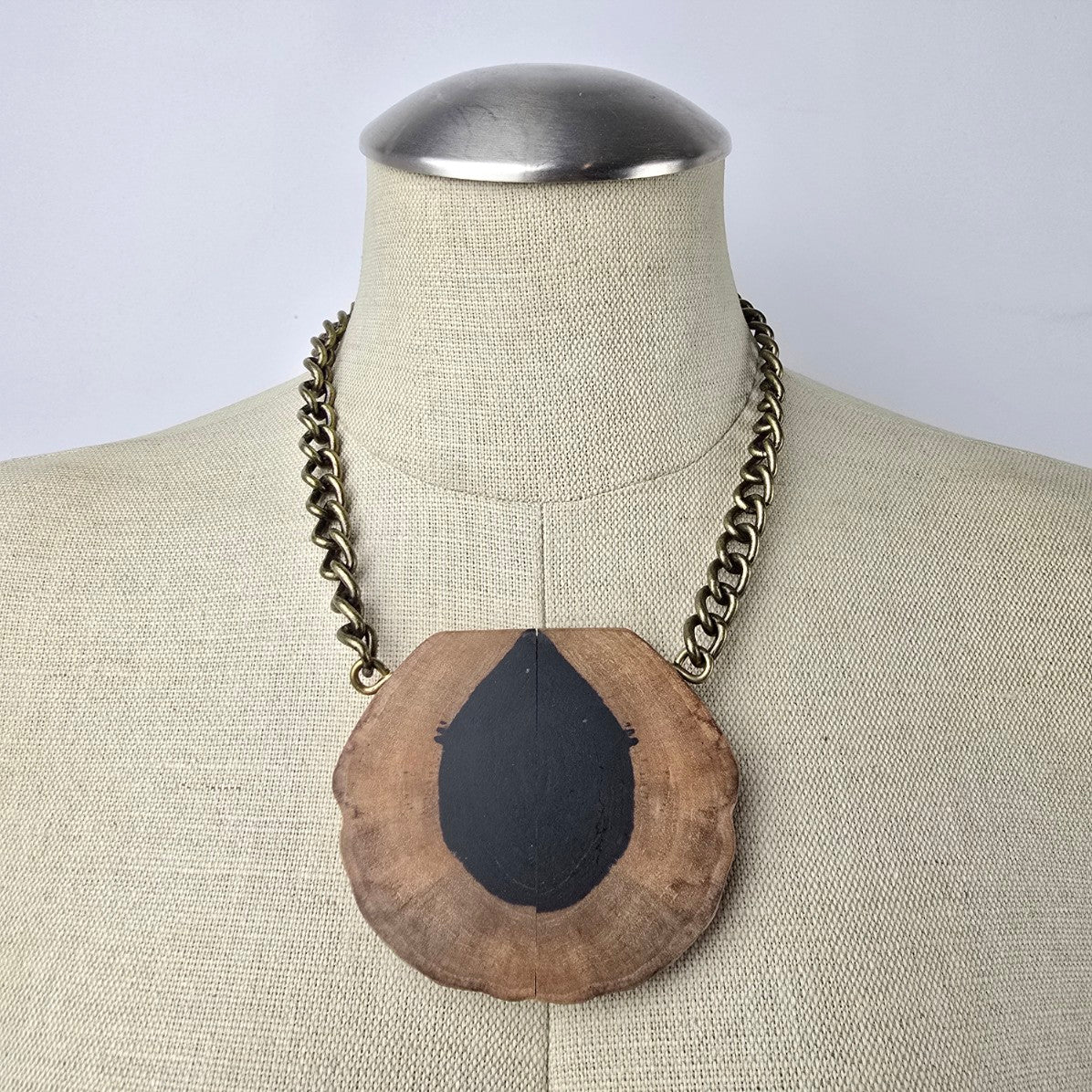 Oversize Wood Pendant Bronze Chunky Chain Necklace