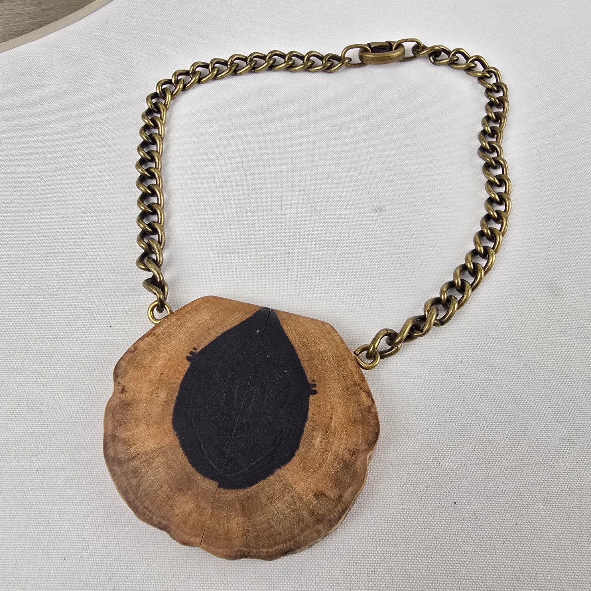 Oversize Wood Pendant Bronze Chunky Chain Necklace