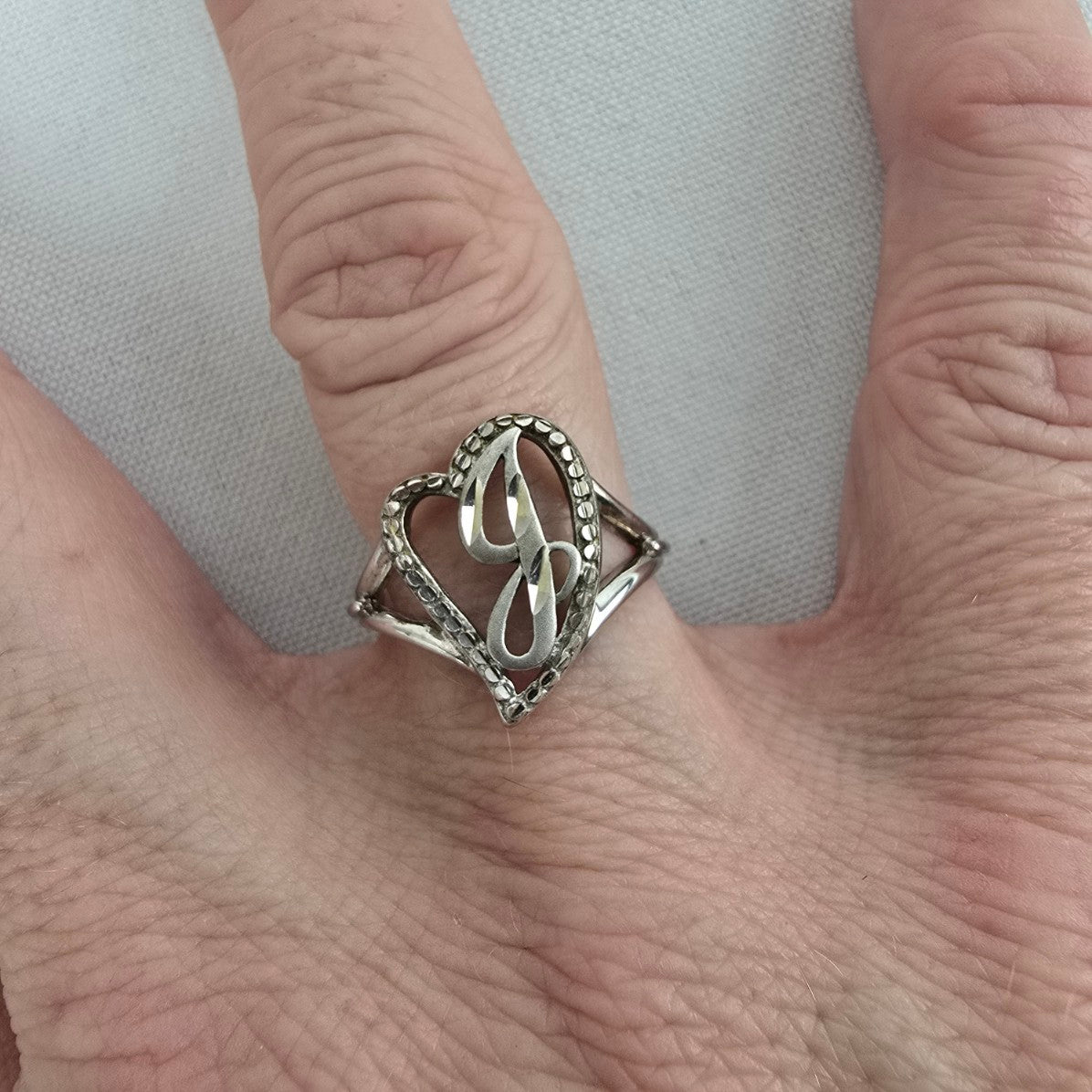 Vintage 925 Sterling Silver Diamond-Cut Heart Initial J Ring Adjustable