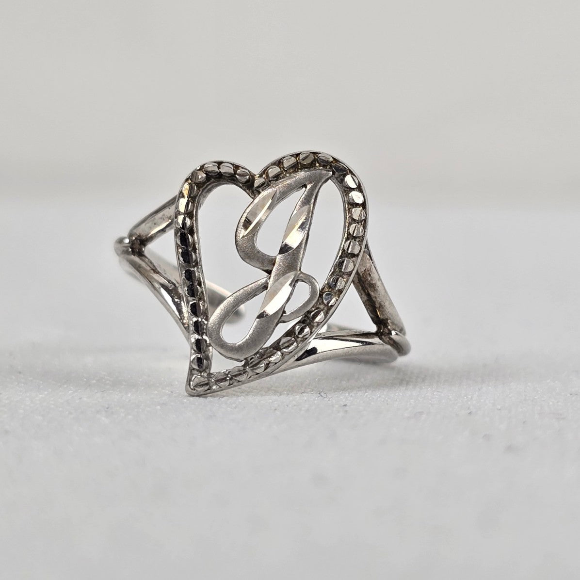Vintage 925 Sterling Silver Diamond-Cut Heart Initial J Ring Adjustable