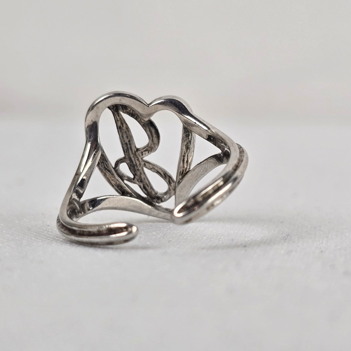 Vintage 925 Sterling Silver Diamond-Cut Heart Initial J Ring Adjustable