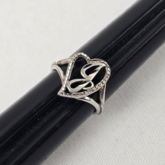 Vintage 925 Sterling Silver Diamond-Cut Heart Initial J Ring Adjustable