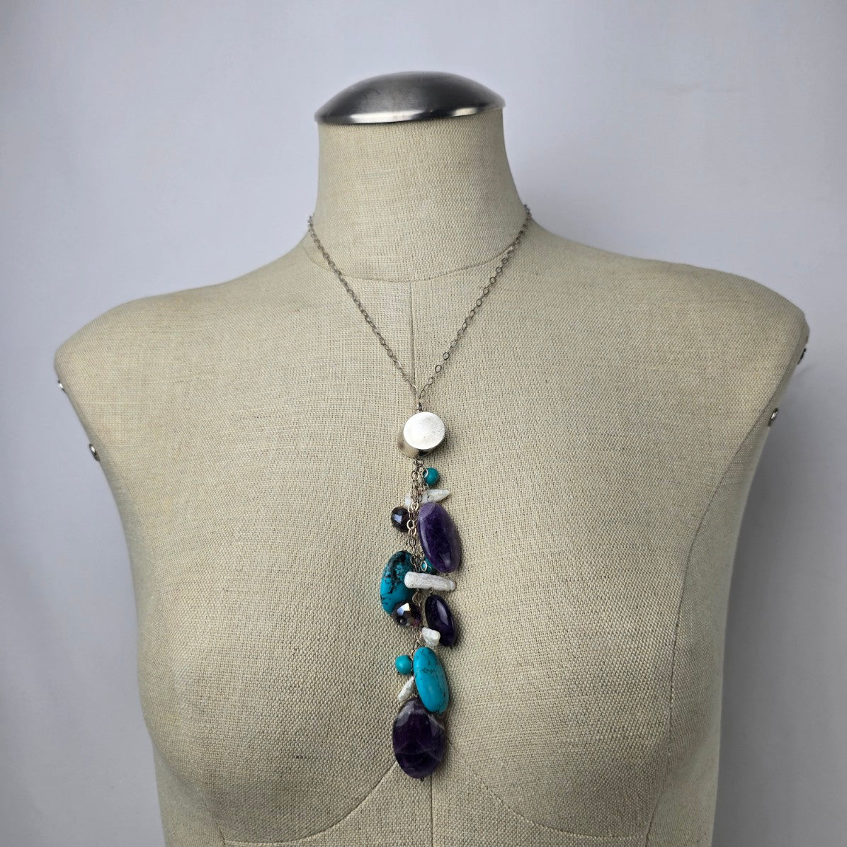 925 Sterling Silver Natural Stone Cluster Drop Necklace