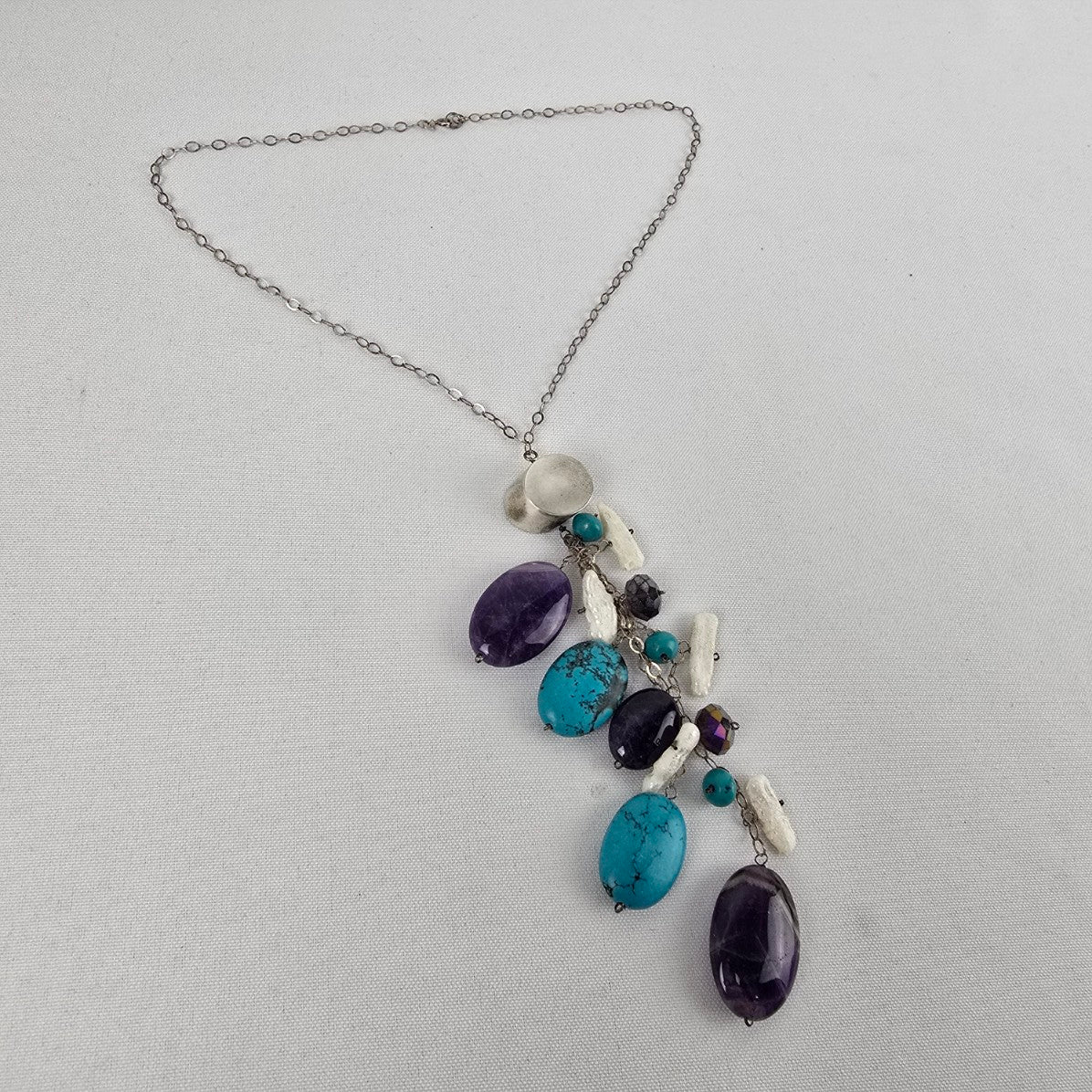 925 Sterling Silver Natural Stone Cluster Drop Necklace