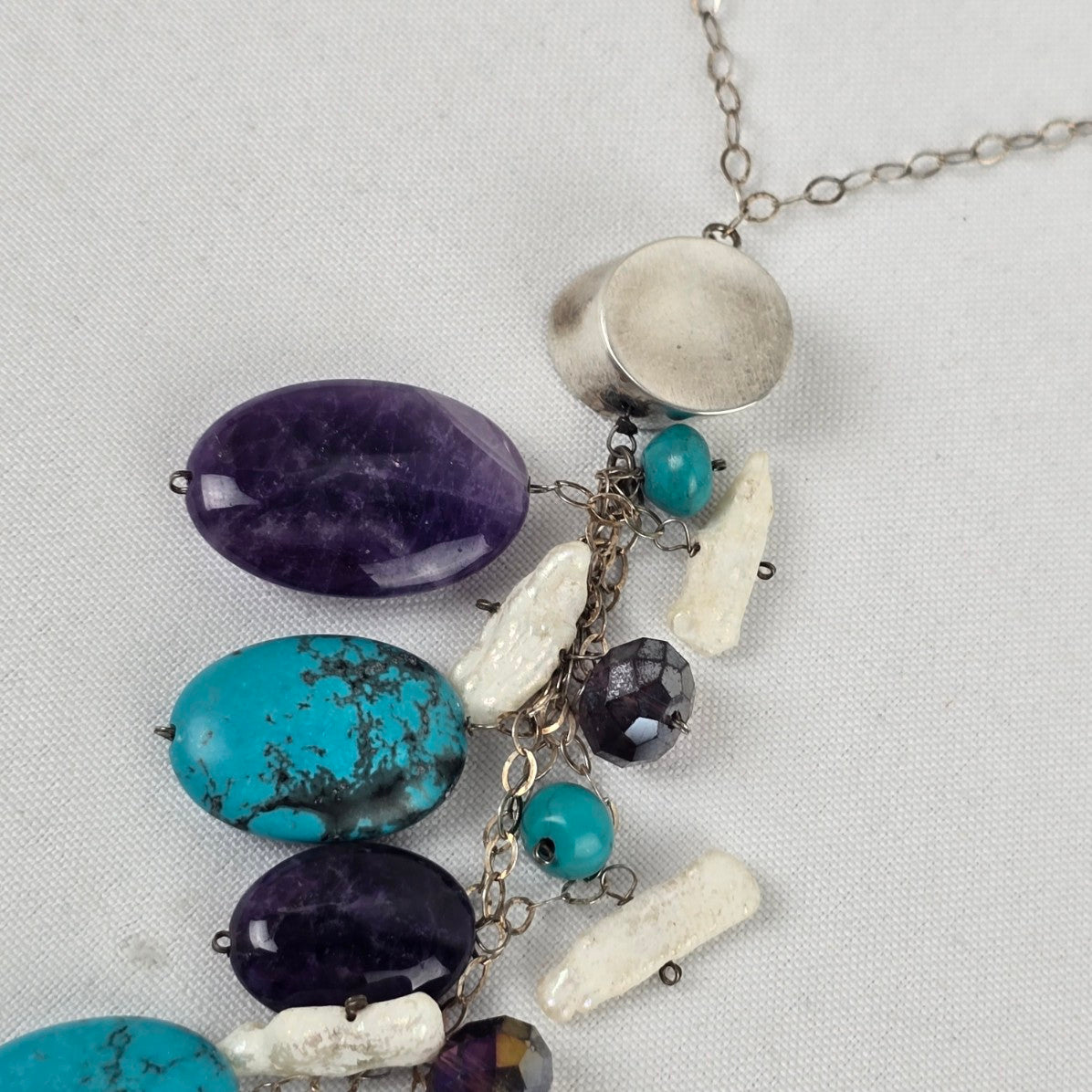 925 Sterling Silver Natural Stone Cluster Drop Necklace