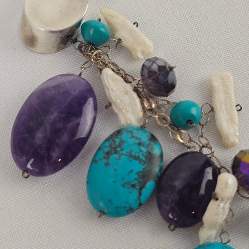 925 Sterling Silver Natural Stone Cluster Drop Necklace