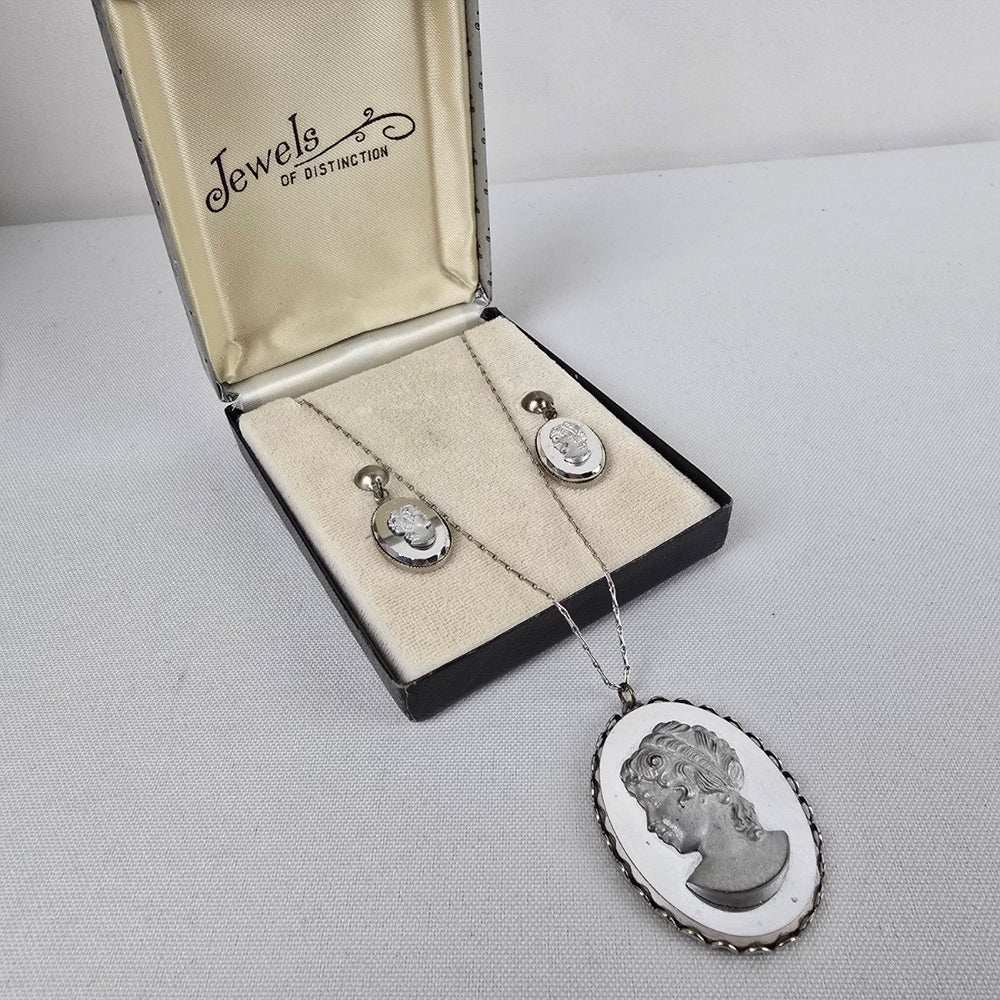 Vintage Silver Cameo Mirrored Necklace Screw Back Earrings Set