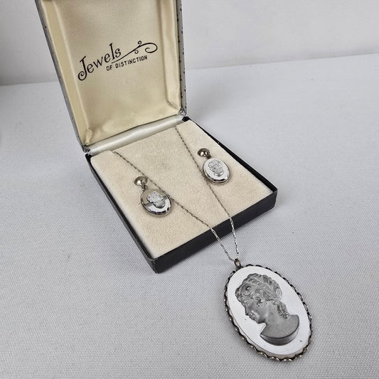 Vintage Silver Cameo Mirrored Necklace Screw Back Earrings Set