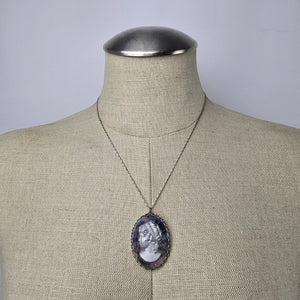 Vintage Silver Cameo Mirrored Necklace Screw Back Earrings Set