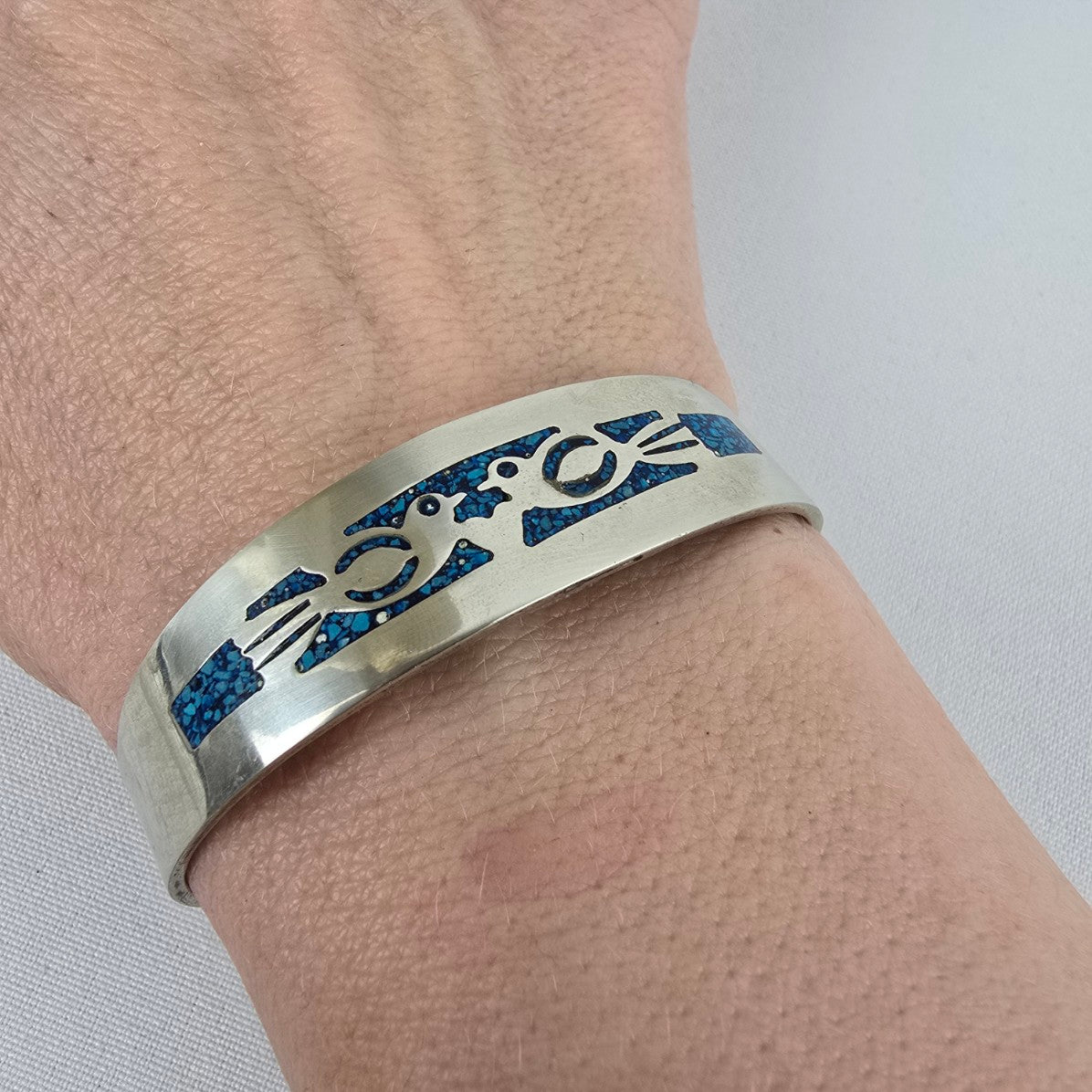 Mexico Sterling Silver Crushed Turquoise Inlay Cuff Bracelet