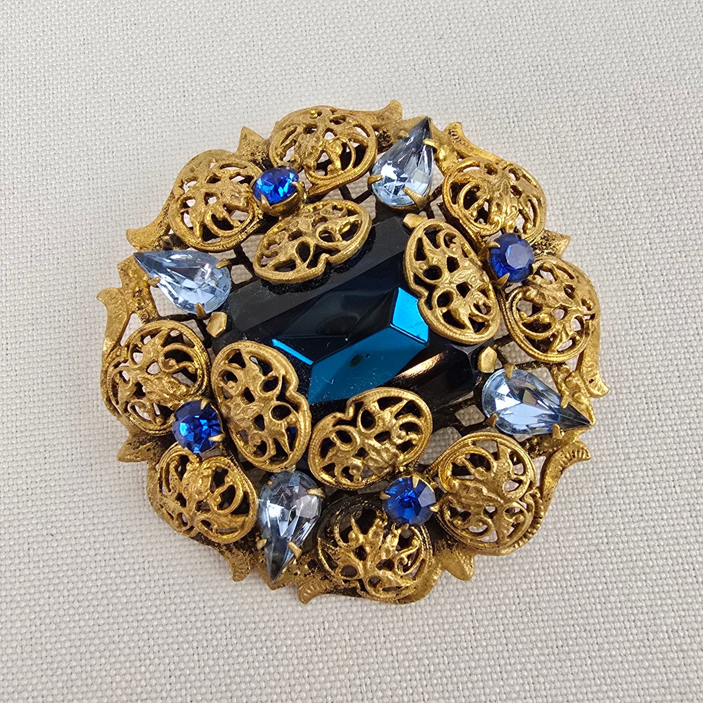 1940’s Czech Glass Metal Work & Blue Glass Stone Brooch
