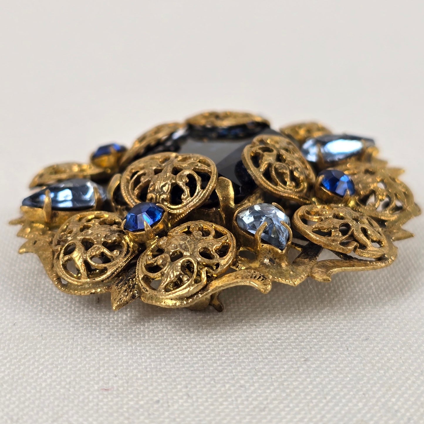 1940’s Czech Glass Metal Work & Blue Glass Stone Brooch