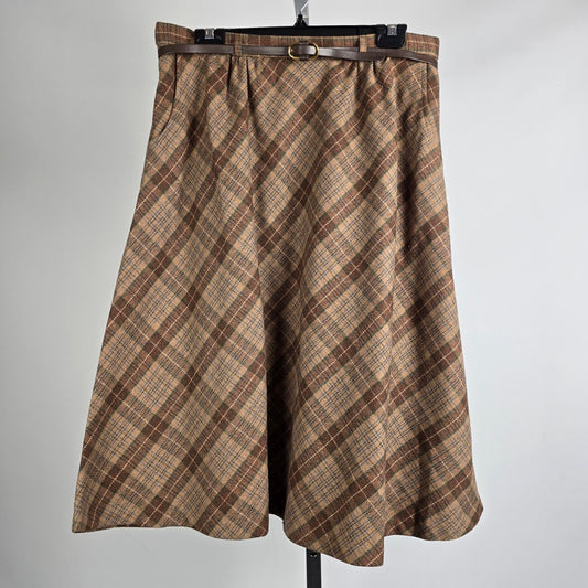 Vintage Act lll Brown Plaid Belted Midi Skirt Size M