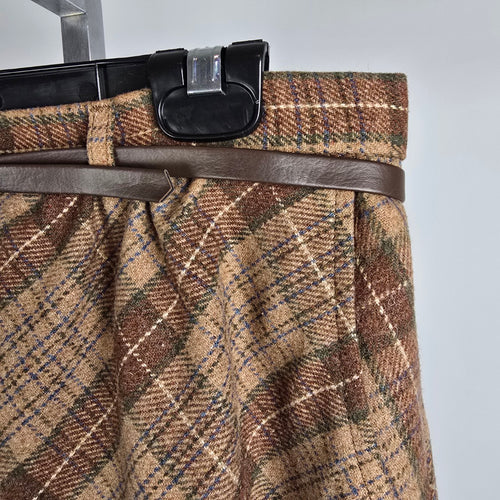 Vintage Act lll Brown Plaid Belted Midi Skirt Size M