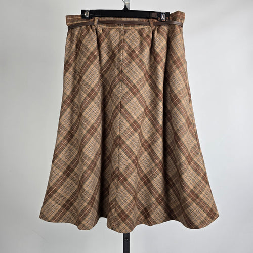 Vintage Act lll Brown Plaid Belted Midi Skirt Size M