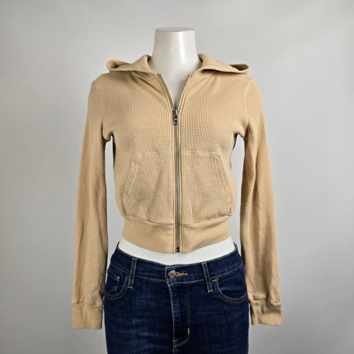 Tna Beige Cotton Waffle Knit Zip Up Hooded Jacket Size XS