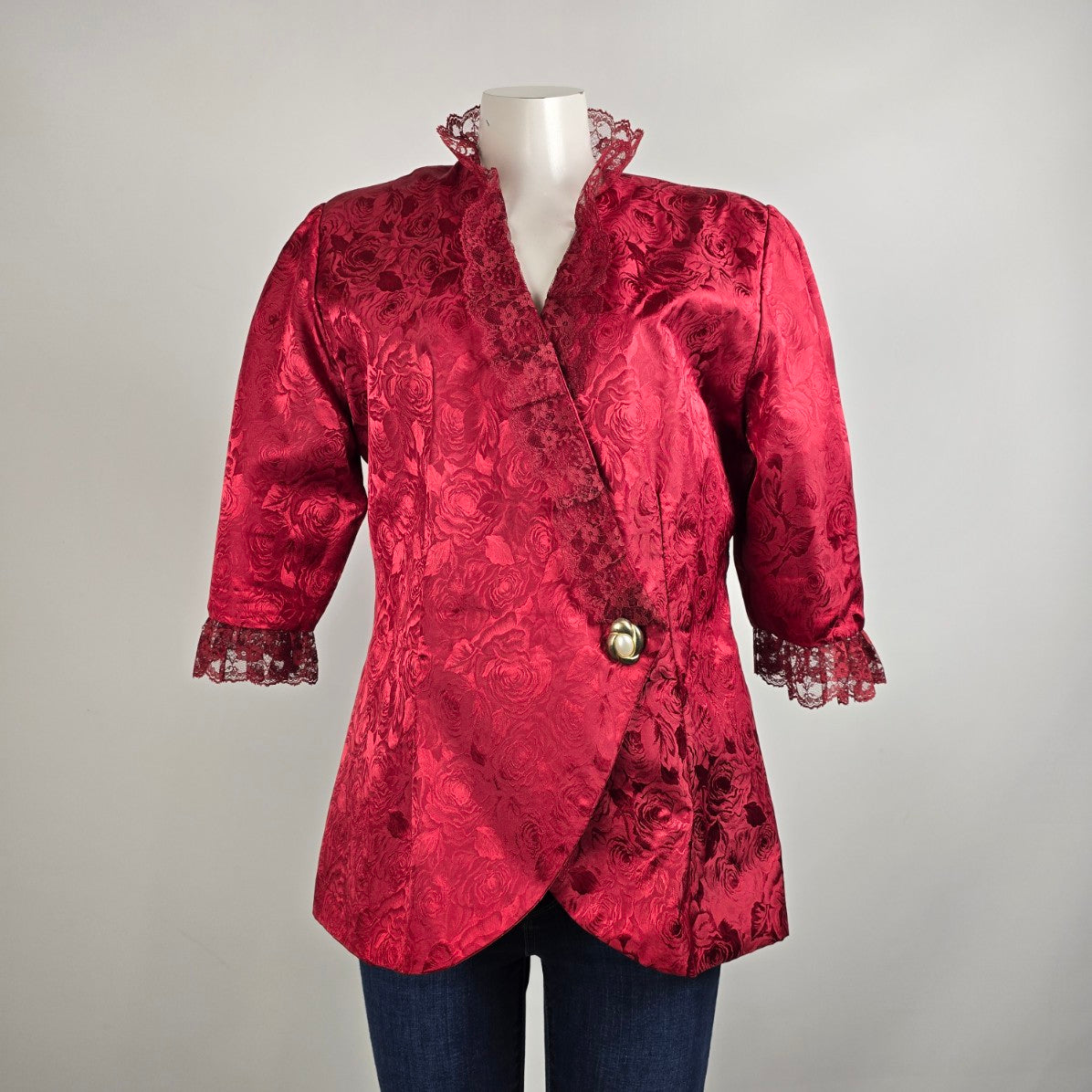 Red Floral Print Asian jacket with Lace Trim Size L