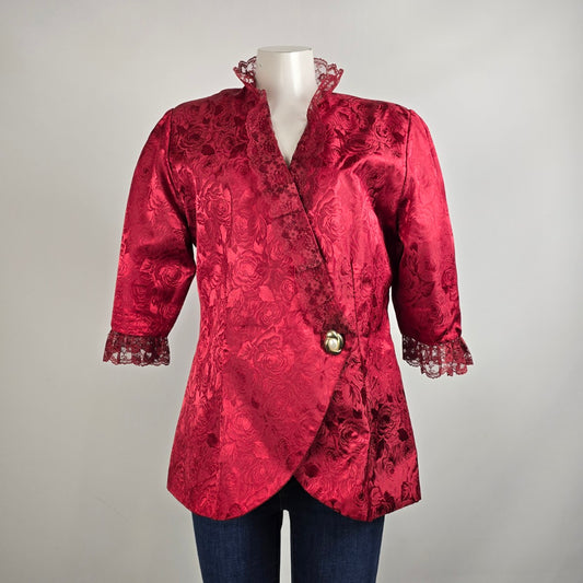 Red Floral Print Asian jacket with Lace Trim Size L