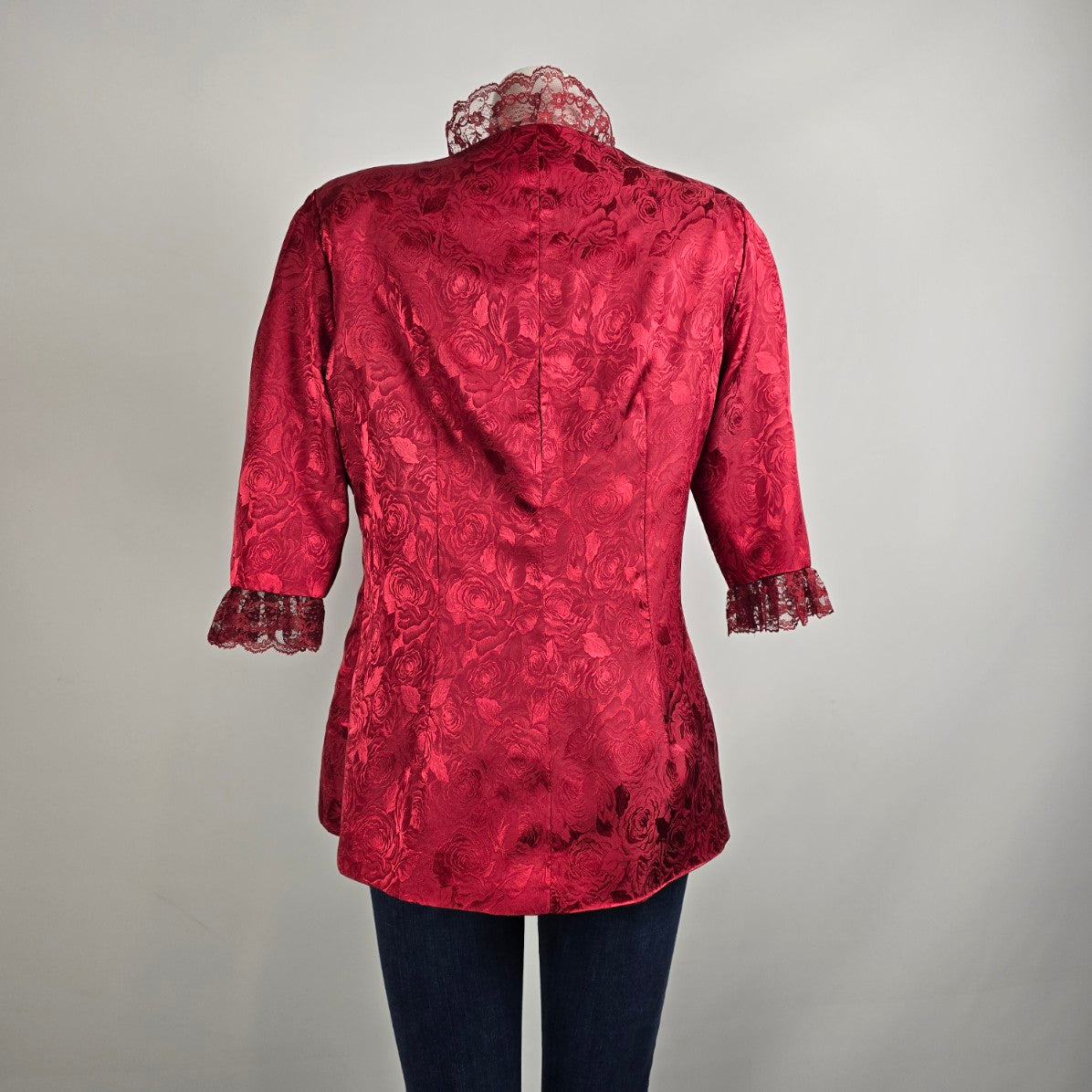 Red Floral Print Asian jacket with Lace Trim Size L