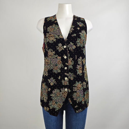 Vintage Functional Black Velvet Floral Button Up Vest Size 16