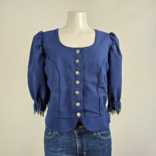 Vintage Ernst Licht Navy Blue Button Up Puff Sleeve Jacket Size 12